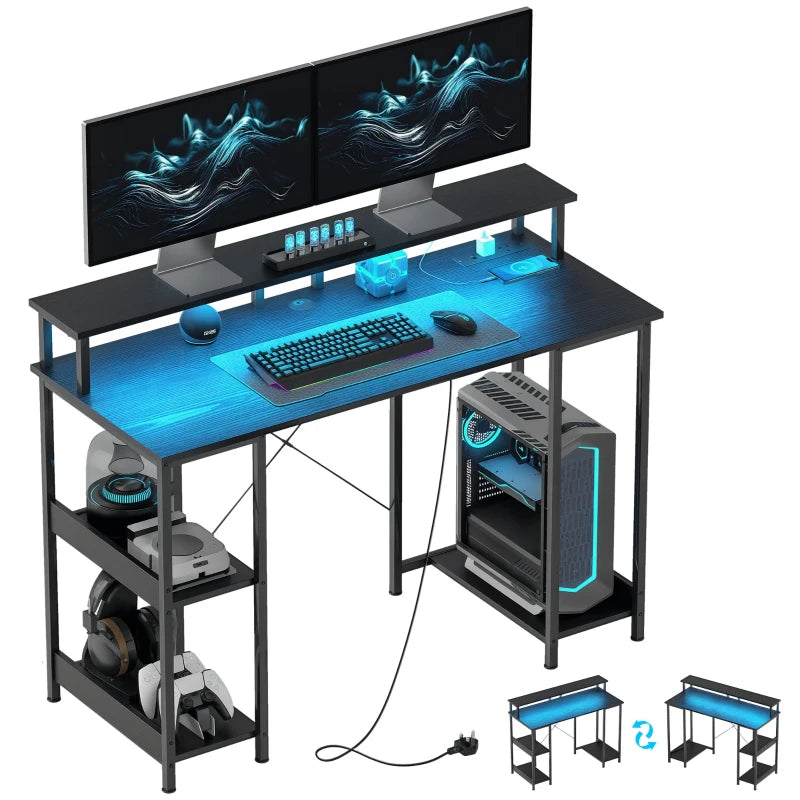 Modern LED Computer Desk with Power Outlets & Shelves - Stylish Black Home Office Furniture