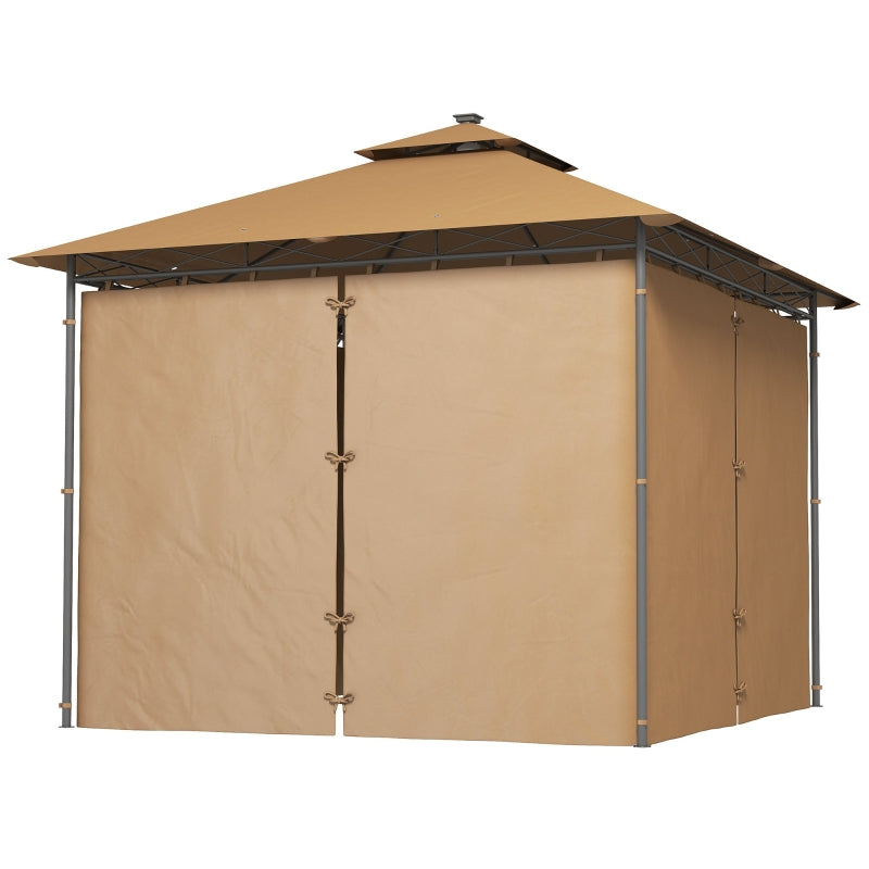 3 x 3 m Brown Garden Gazebo with Double Roof, Curtains & Solar-Powered LED Lights - Outdoor Canopy Shelter for Patio & Deck