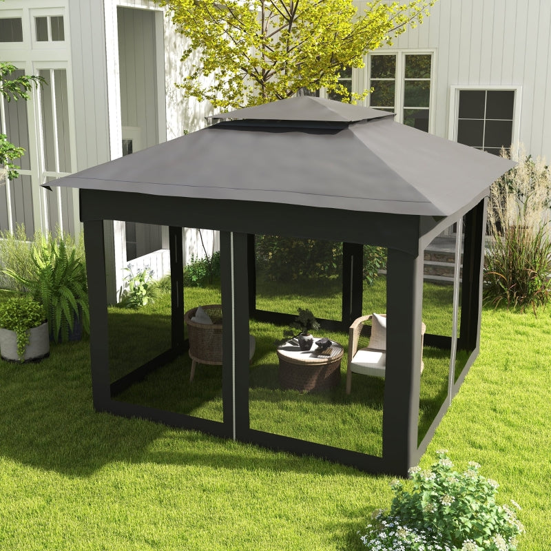 Dark Grey 3x3m Double-Roof Pop Up Gazebo with Netting and Carry Bag