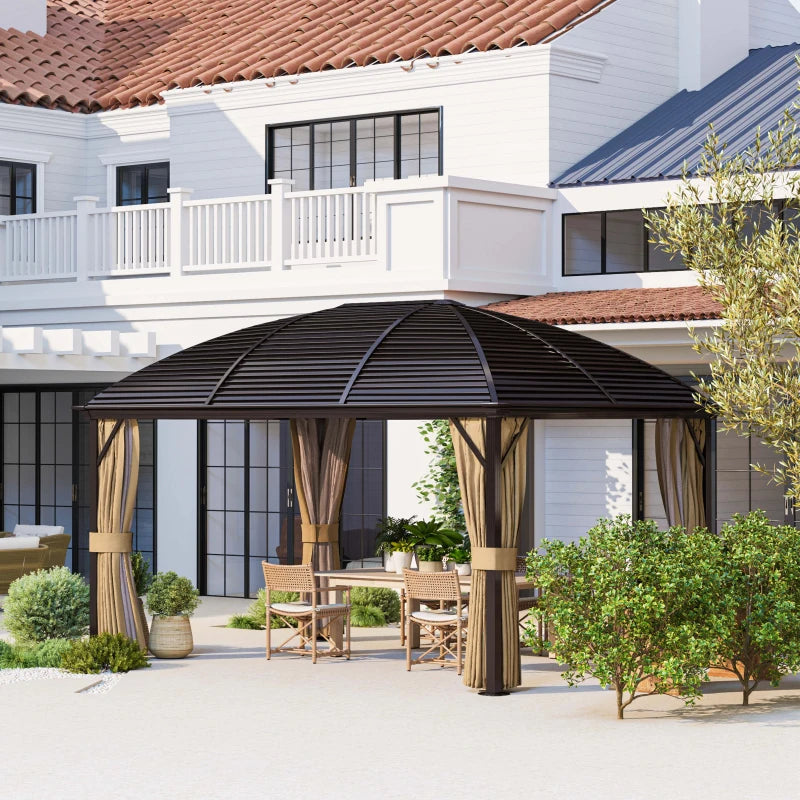 3 x 4m Hardtop Gazebo Canopy - Brown Aluminium Pavilion with Metal Roof, Netting & Curtains