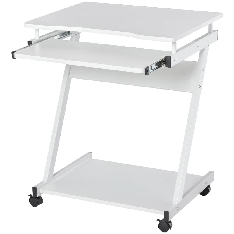 Movable White Computer Desk with 4 Wheels & Sliding Keyboard Tray - Ideal Home Office Workstation