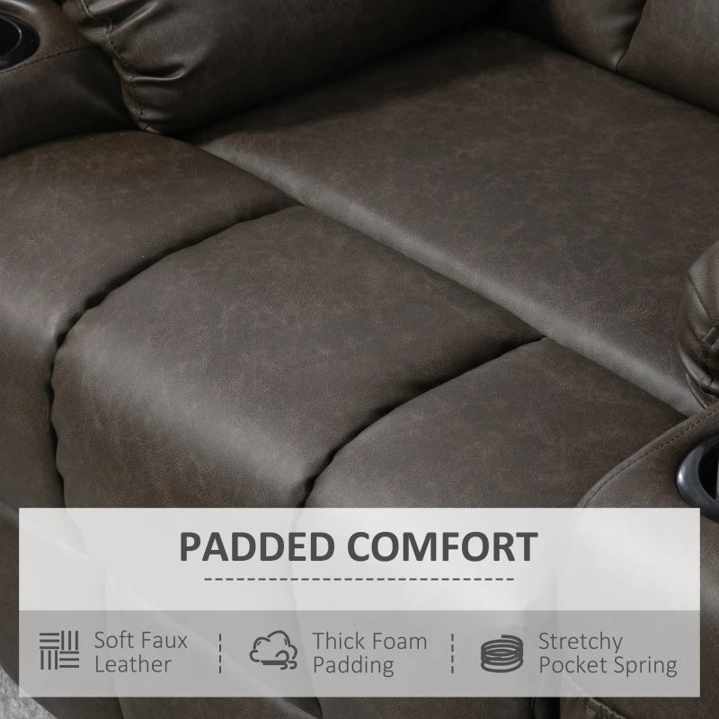 Manual Reclining Armchair with Faux Leather, Footrest and Cup Holders - Brown, 86x93x102cm