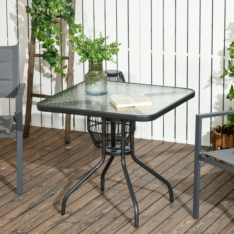 glass patio table with umbrella hole uk Square Glass Top Patio Dining Table, Steel Frame, Umbrella Hole, 76x76cm, Black