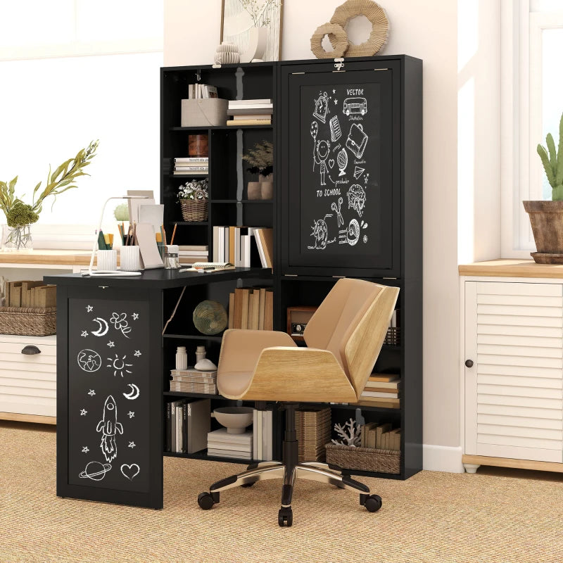 Black Three-Part Work Desk with Storage & Chalkboard - Stylish Home Office Furniture for Productivity