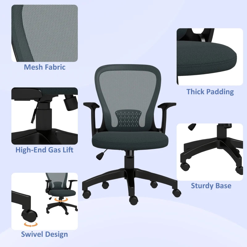 Vinsetto Ergonomic Mesh Office Chair with Flip-Up Armrests, Lumbar Support & Swivel Wheels - Stylish Grey Desk Chair