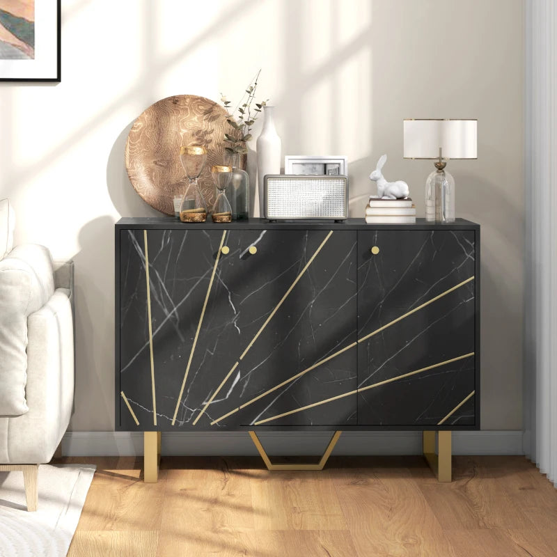 Modern Sideboard Storage Cabinet with Adjustable Shelves & Metal Legs - Black Marble Tone for Living Room, Kitchen, Dining Room, Entryway