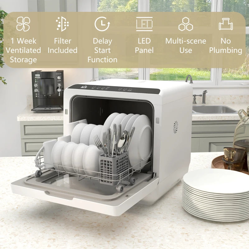 Compact Six-Programme Countertop Dishwasher - Energy Efficient, White Finish, Perfect for Small Kitchens and Apartments