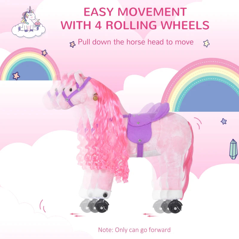 Plush Walking Horse Ride-On Toy with Wheels & Sounds - 50cm Pink Rocking Horse for Kids 2+ Years