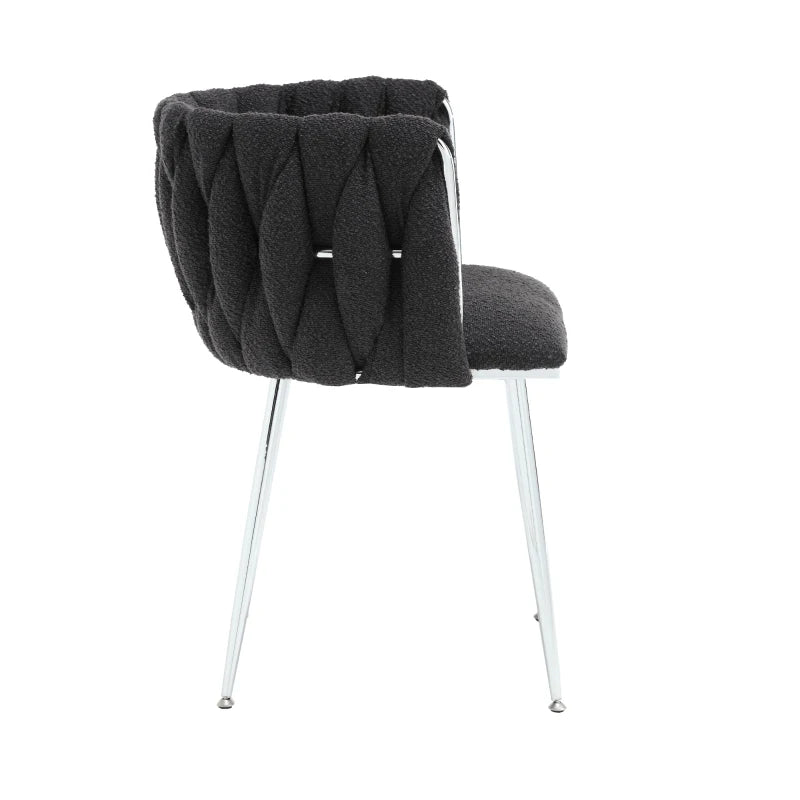 Set of 2 Modern Boucle Upholstered Dining Chairs with Silver Legs & Armrests - Stylish Living Room Seating, Black, 54x52x73 cm