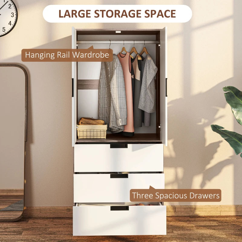 Stylish Two Door Wardrobe with Drawers for Bedroom Storage in White and Brown