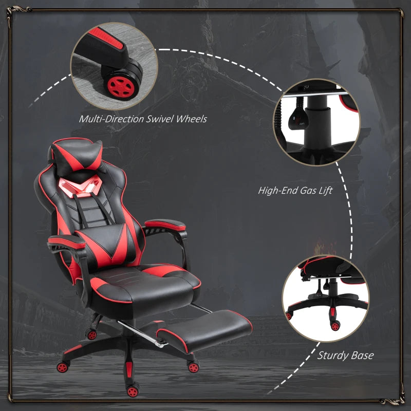 Vinsetto Racing Gaming Chair with Lumbar Support & Footrest - PU Leather Gamer Desk Chair with Headrest & Swivel Wheels, Red