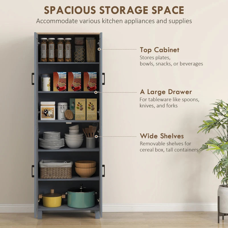 Freestanding Kitchen Cupboard 4-Door Storage Cabinet with Adjustable Shelves Modern Kitchen Pantry 170cm Grey Wood Effect