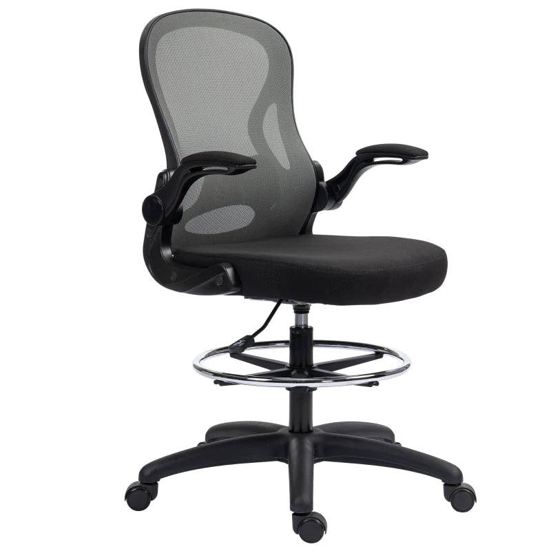 Vinsetto Adjustable Mesh Standing Desk Chair - Flip-up Armrests, Lumbar Support, Adjustable Footrest, Dark Grey