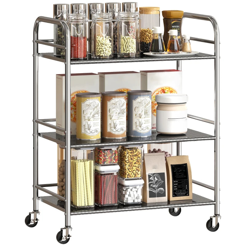 3 Tier Stainless Steel Kitchen Storage Trolley with Adjustable Shelf - Versatile Silver Cart for Organizing Kitchen Essentials