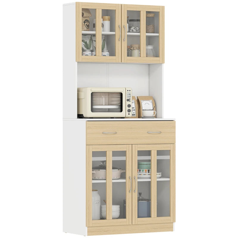 Modern Freestanding Kitchen Cupboard - 180cm Storage Cabinet Hutch with Central Drawer & 2 Glass Door Cabinets