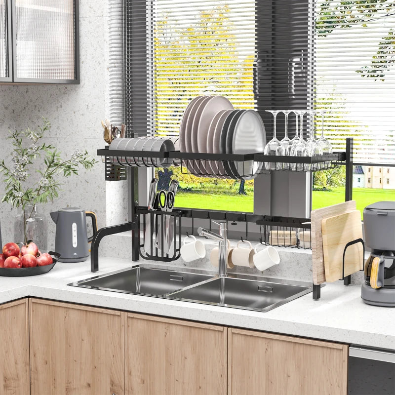 Space Saving 2-Tier Adjustable Dish Drainer Rack Over Sink - Black Dish Drying Organizer for Kitchen