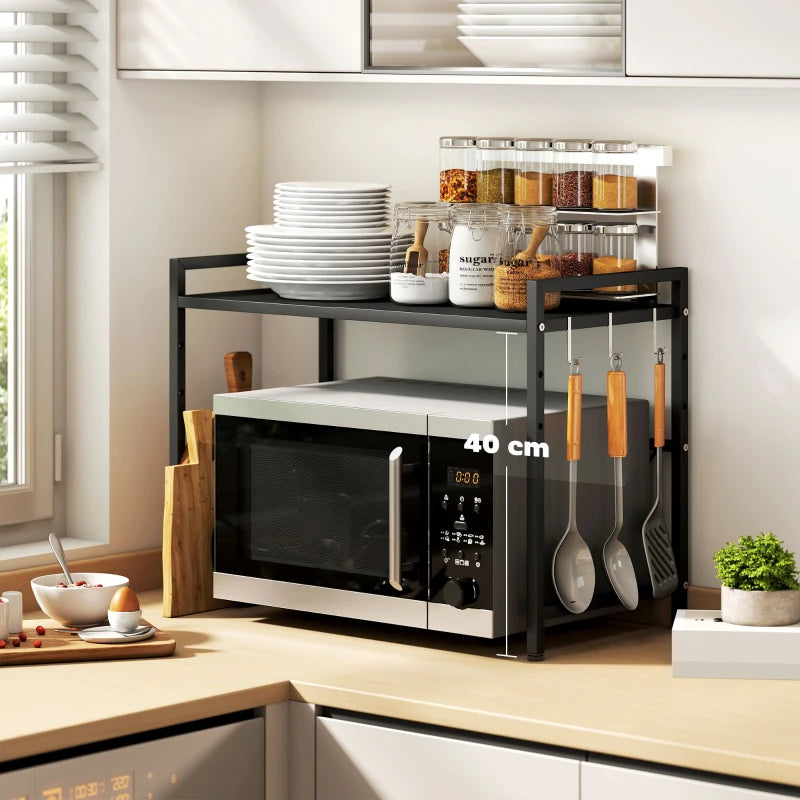 Expandable Microwave Oven Rack with 3 Hooks - Space-Saving Kitchen Organizer, Black - Perfect for Small Spaces