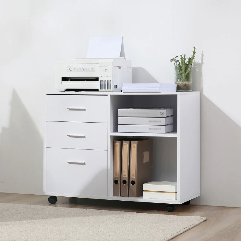 Modern Freestanding Printer Stand with Wheels - Office Desk Storage Unit, 3 Drawers & 2 Open Shelves, White, 80x40x65 cm