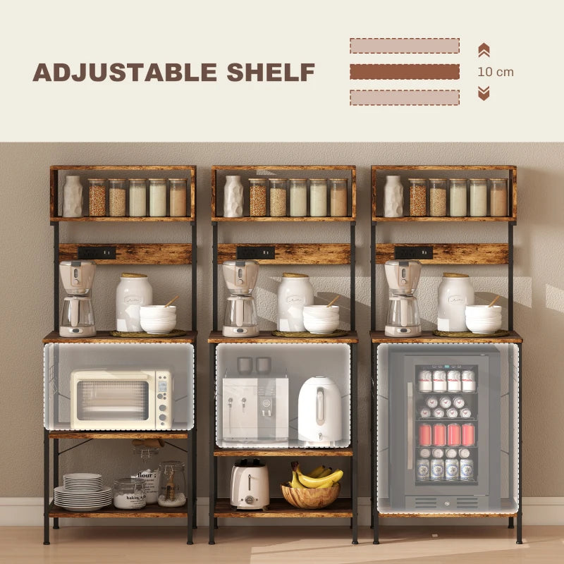 Rustic Brown Bakers Rack with Power Outlet & USB Charger - Adjustable Microwave Stand & Kitchen Storage Unit with 5 Hooks