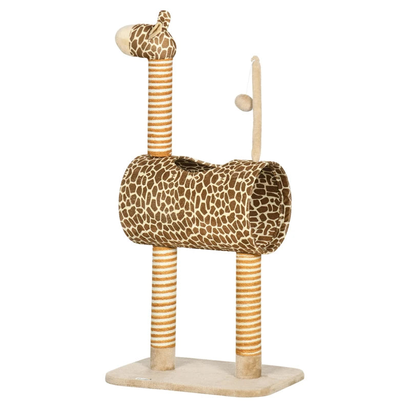 Unique Giraffe-Designed Cat Tree with Scratching Posts, Cat Tunnel & Toy Ball - Beige for Playful Cats