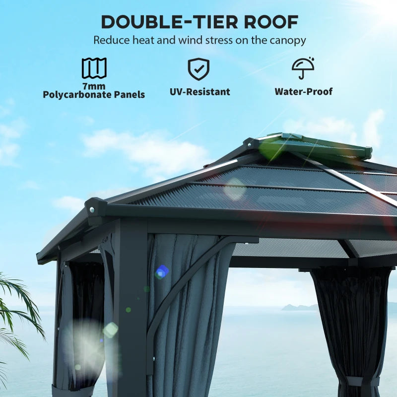 Dark Grey 3m x 3m Hardtop Gazebo - 7mm Double Polycarbonate Roof, Permanent Pavilion with Mosquito Netting and Curtains for Patio and Deck