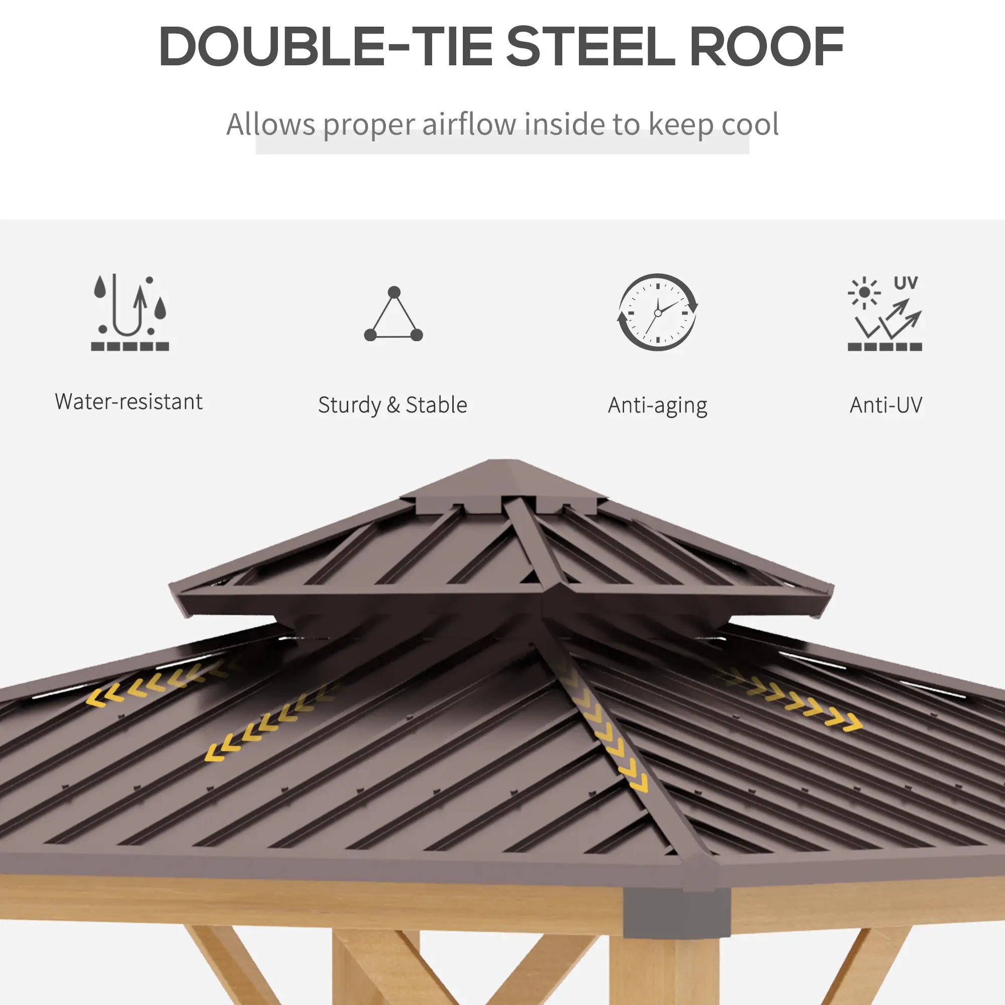 Brown 3m x 3m Hard Top Gazebo With 2-Tier Roof and Solid Wood Frame