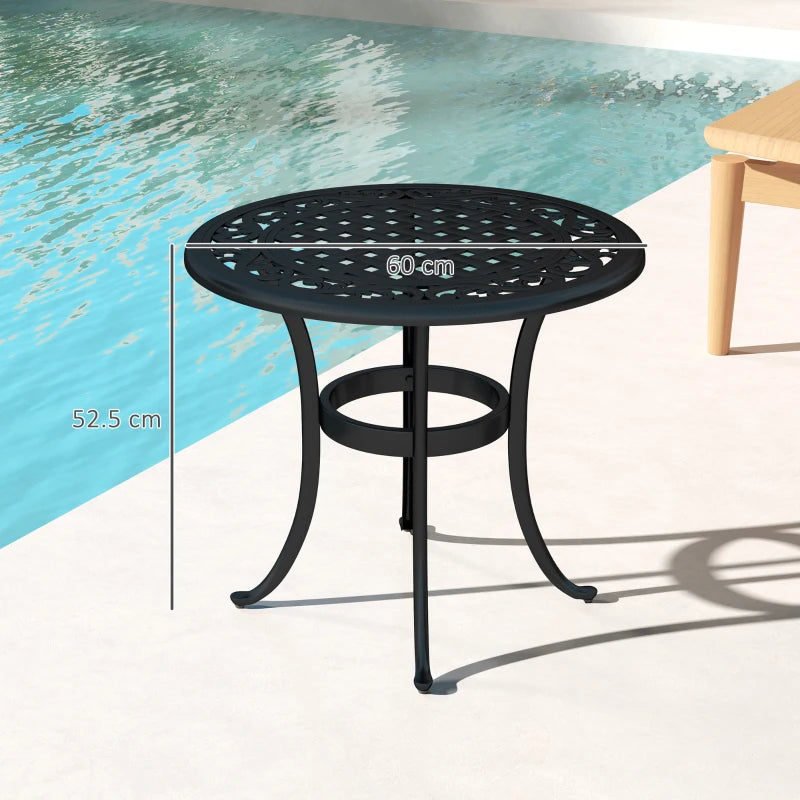 60cm Black Round Garden Table - Outdoor Hollow Top Design Side Table with Cast Aluminium Frame for Patio, Garden, Balcony