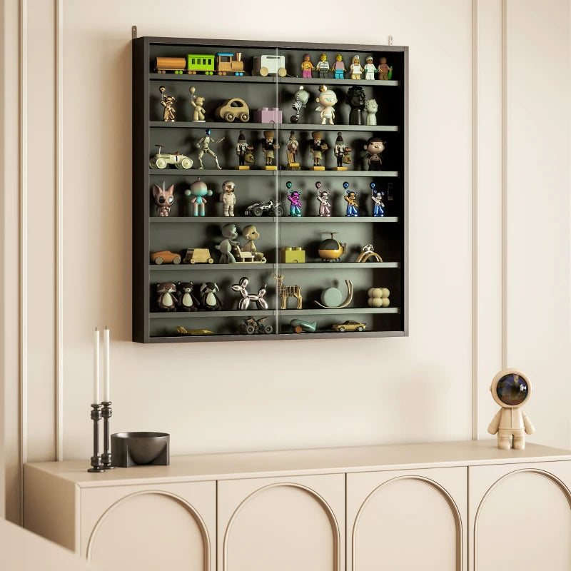 Modern Black Six Shelf Display Cabinet with Glass Doors - Stylish Storage Solution for Home or Office