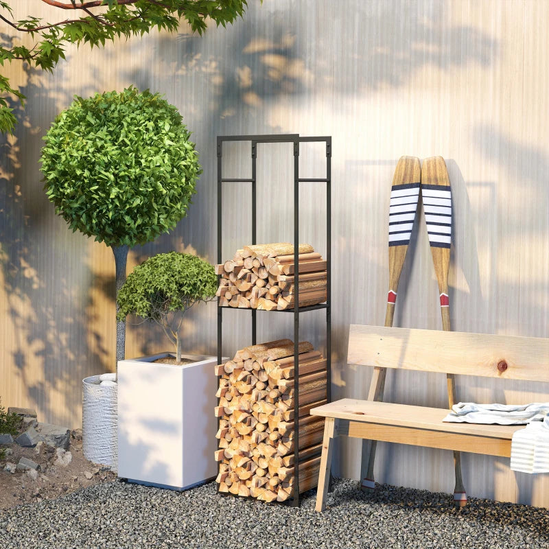 Heavy Duty Metal Firewood Log Holder Rack with Adjustable Shelf - Indoor/Outdoor Fireplace Wood Storage, 45x31x170 cm, Black