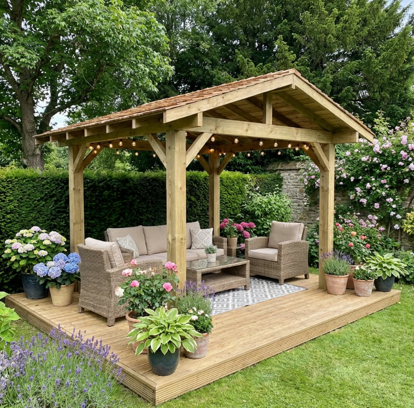 Ruby Wooden Apex Gazebo with Cedar Featheredge Roof – With Overhang Design