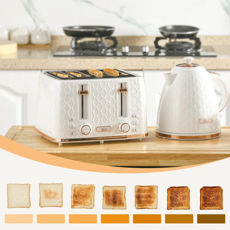 1.7L 3000W Fast Boil Kettle & 4 Slice Toaster Set - White, 7 Browning Controls, Crumb Tray, Kitchen Essentials