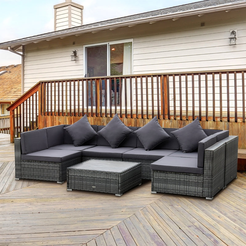 7-Piece Acacia Topped Patio Wicker Sofa Set: Stylish Outdoor Rattan Sectional with Cushions