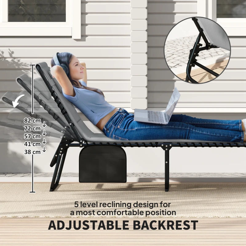 Set of 2 Charcoal Grey Folding Sun Loungers - Recliner Garden Chairs with Quick Drying Pad, Headrest & Side Pocket for Beach and Pool