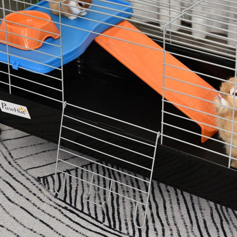 Spacious Small Animal Cage for Rabbits, Guinea Pigs & Chinchillas - Includes Wheels, Water Bottle, Food Dish, Ramp - 89x44x43 cm Black