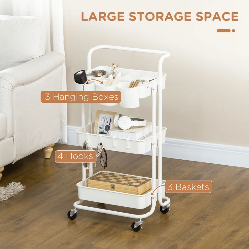 White Three-Tier Home Trolley with Handle and Wheels - Versatile Storage Cart for Kitchen, Living Room, and Office