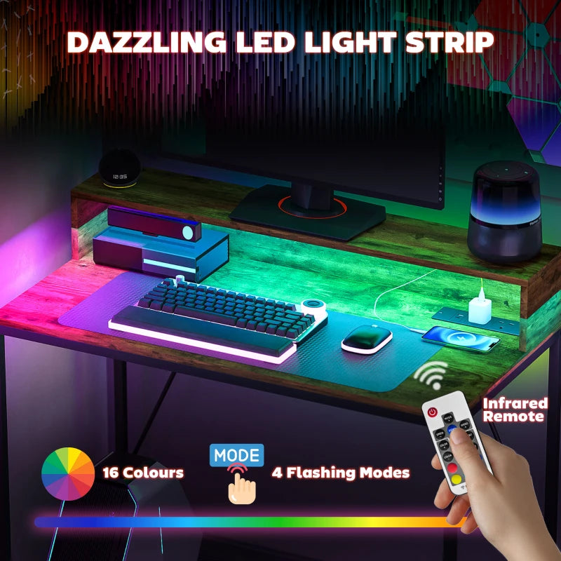 100cm Rustic Brown Computer Desk with LED Lights & Power Outlets, Gaming Table with Monitor Stand & Remote for Home Office