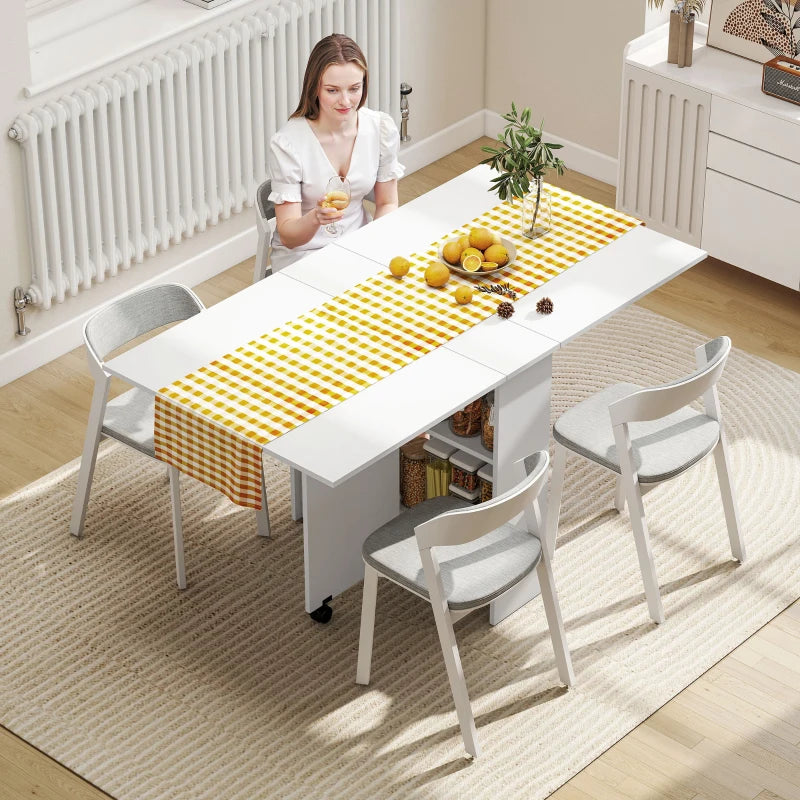 Folding Drop Leaf Dining Table with 2-Tier Shelves & Rolling Casters - Space-Saving Kitchen Table in White