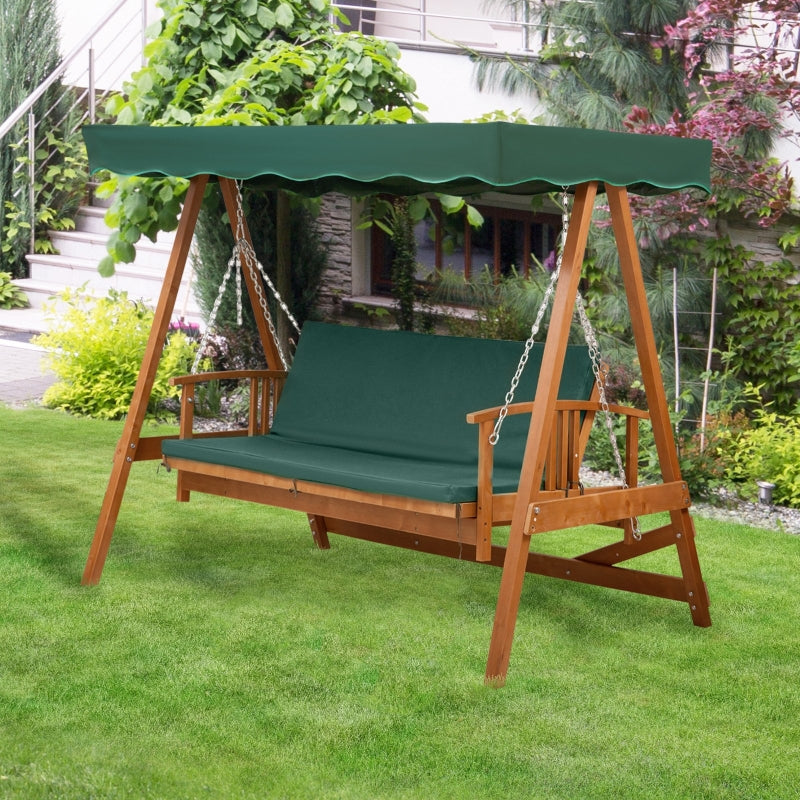 Dark Green 3-Seater Wooden Garden Swing Chair Hammock Bench