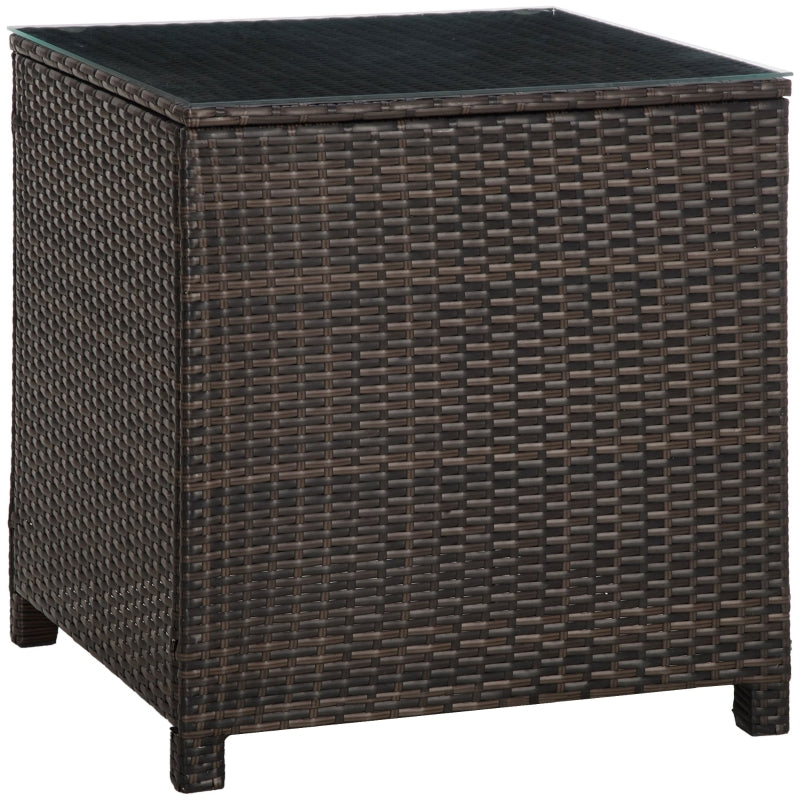 Brown Rattan Patio Side Table with Tempered Glass Top