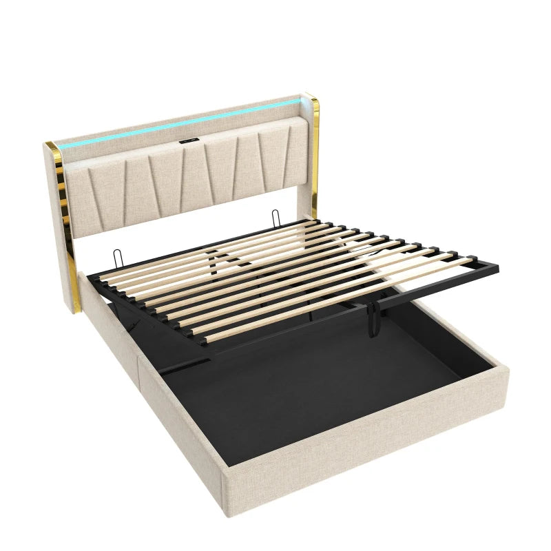 Double Upholstered Bed Frame with Hydraulic Storage and LED Headboard USB Type-C Charging Beige