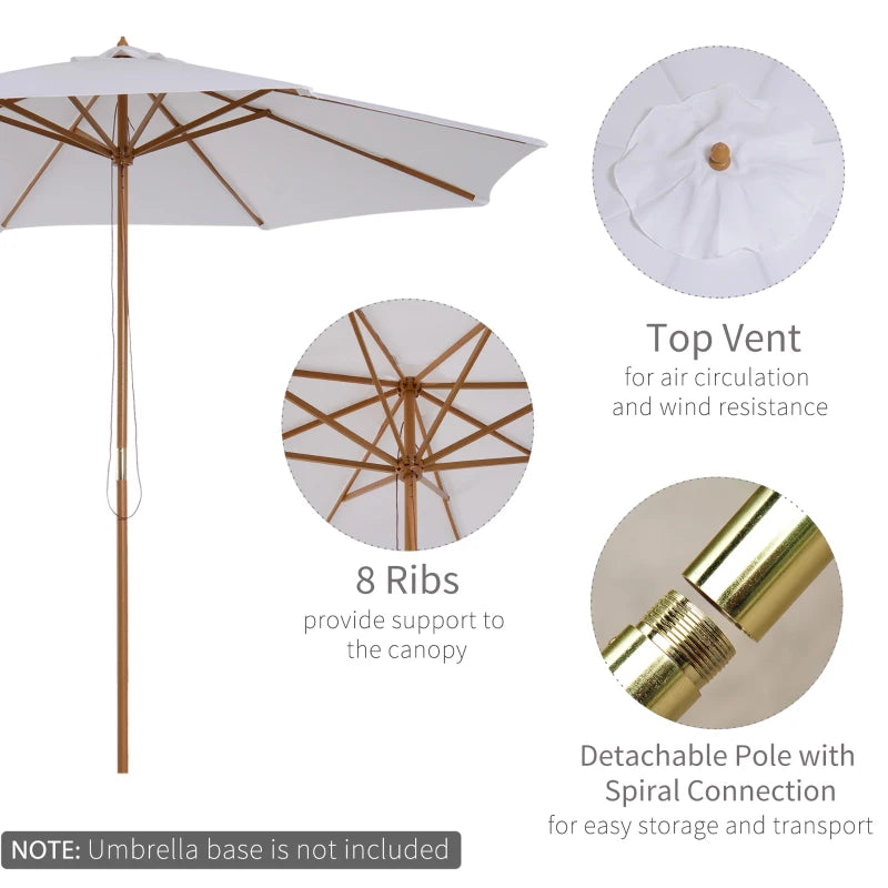 Cream White 3m Wooden Patio Umbrella with Pulley Mechanism