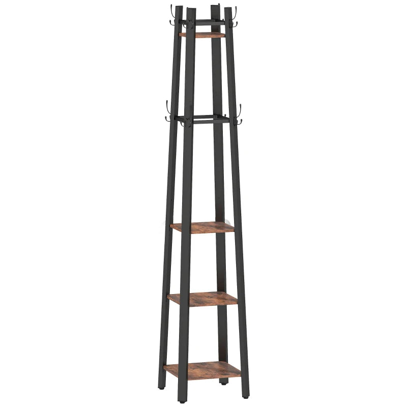 Industrial-Style Four Shelf Coat Stand - Rustic Brown and Black Entryway Organizer for Coats, Hats, and Accessories