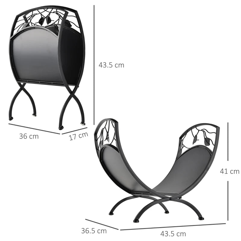 Metal Arced Firewood Log Holder Rack - Indoor Outdoor Folding Wood Storage Shelf with Leaf Pattern, Black, 43.5W x 36.5D x 41H cm