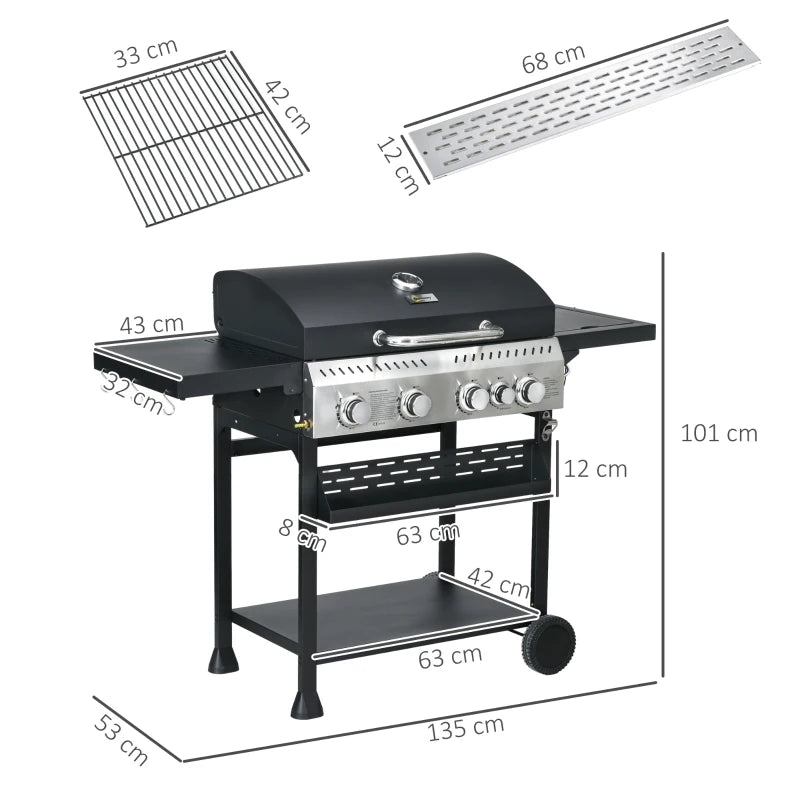 Black 5-Burner Steel Gas Grill with Thermometer