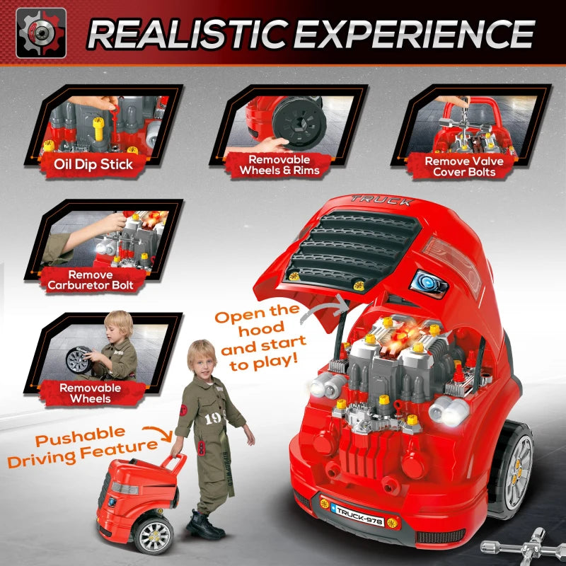 Kids Truck Engine Toy Set Educational Car Service Station Playset Take Apart Workshop with RC Car Key Steering Wheel Horn Light for Toddlers Ages 3 to 5 Red