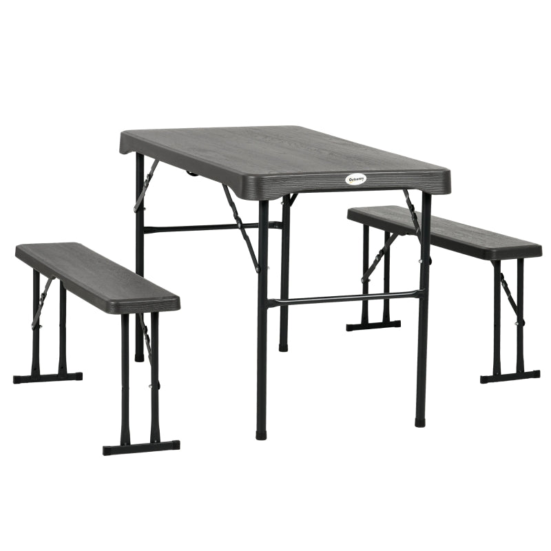 Folding Picnic Table Set for 4 - 3-Piece Portable Garden Furniture with 2 Benches, Dark Grey Plastic Top and Steel Frame