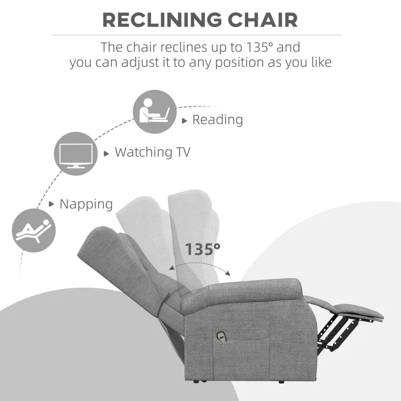 Electric Lift Recliner Armchair for Elderly - Fabric Riser Chair with Remote, Side Pockets, Extended Footrest, Grey