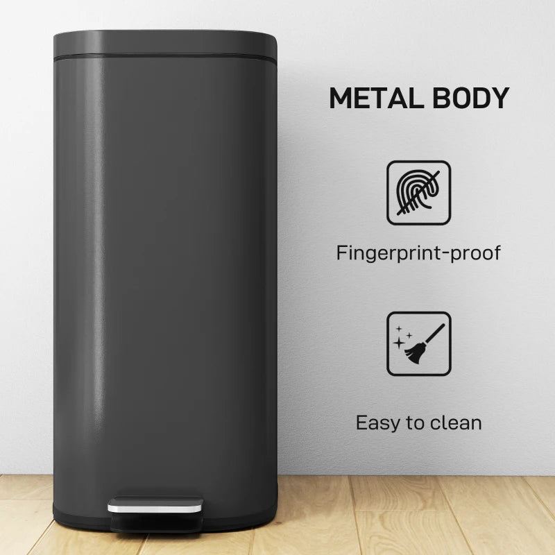30L Compact Kitchen Pedal Bin with Soft-Close Lid, Stay-Open Feature & Removable Bucket - Black Trash Can for Home & Office