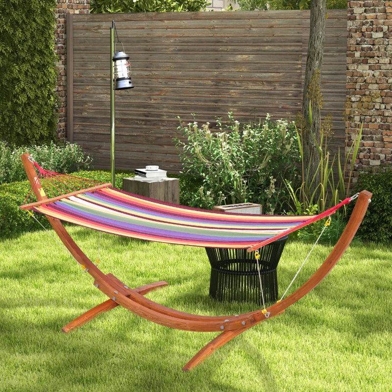 Multicolour Outdoor Hammock with Wooden Arc Stand - Garden Swing Bed