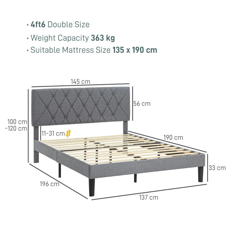 Adjustable Linen Upholstered Double Bed Frame with Stylish Headboard in Grey 145x196x120cm